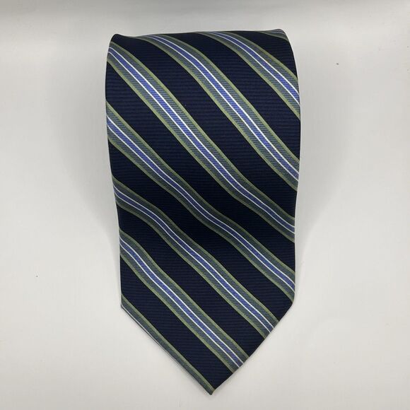 Chaps 100% Silk Men’s Neck Tie Hand Made Navy, Green White Stripes 58X3.5 - Picture 7 of 7